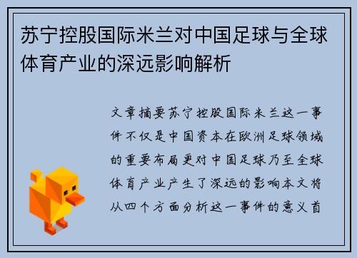 苏宁控股国际米兰对中国足球与全球体育产业的深远影响解析 苏宁控股国际米兰对中国足球与全球体育产业的深远影响解析